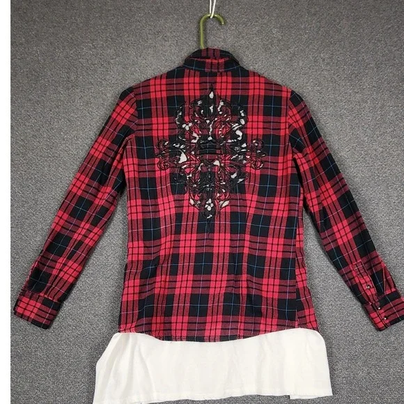 Harley Davidson Womens‎ XS Plaid Button Down Shirt Lace Embellished Western - Picture 7 of 12